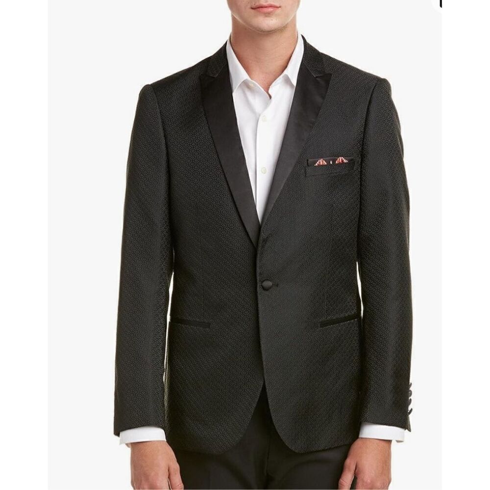 Paisley & Gray Men's Slim Fit Peak Lapel Jacquard Dinner Jacket, Black, 36 Regul
